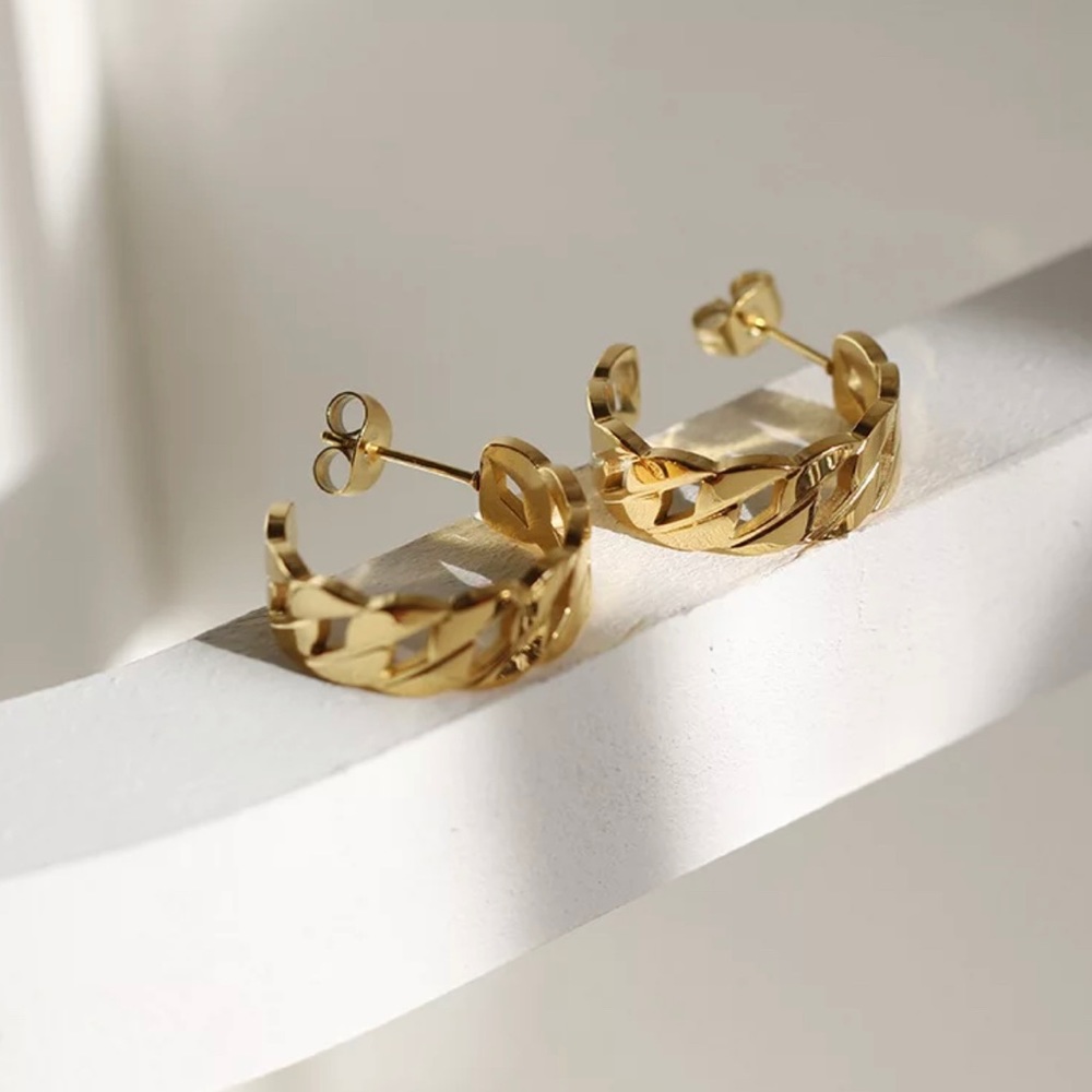 French Style Stainless Steel Hollow Braided Chain Gold Plated Hoop Earrings